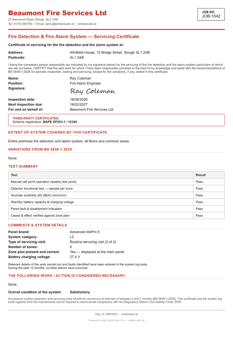 A finished fire alarm servicing certificate on the engineer&rsquo;s own letterhead, with their BAFE scheme registration, a signed declaration, test summary and system details.